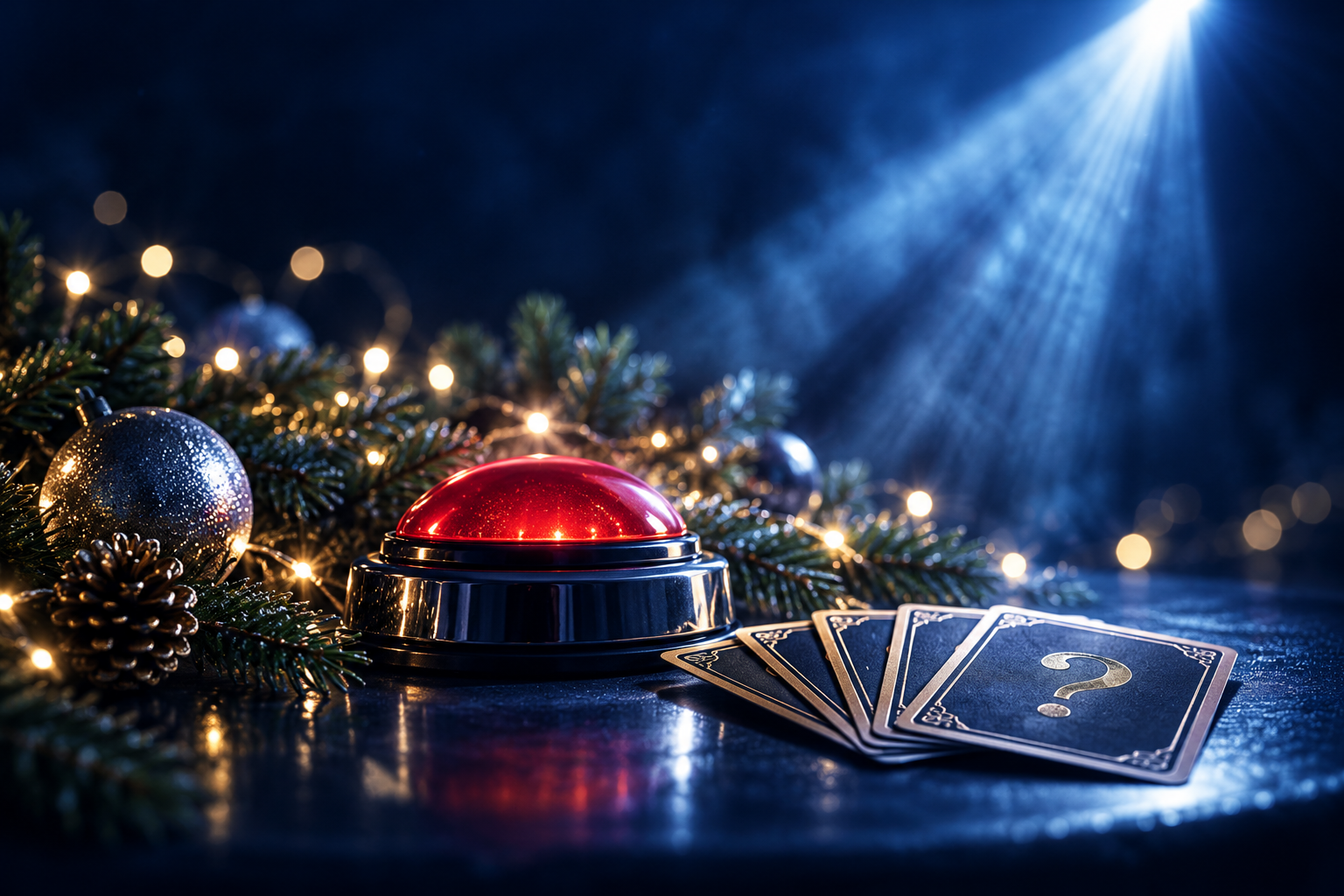 Festive quiz buzzer and cards under a blue spotlight